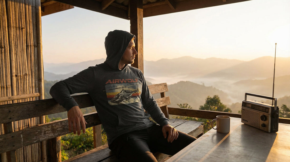 Retro-Style Airwolf Hooded Long-Sleeve Tee in 100% Airlume Combed Cotton - Lifestyle image