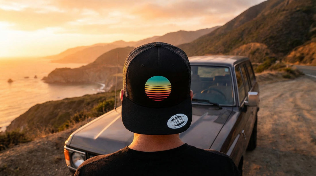 Retro Splendor Sunset Logo Trucker Cap — Classic Black Mesh Hat - Lifestyle image