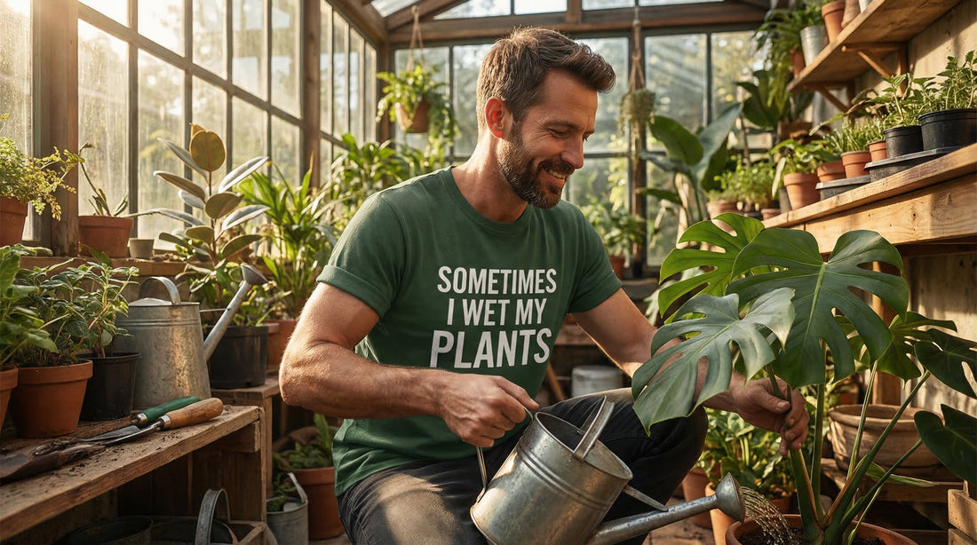 Sometimes I Wet My Plants - Men's organic ribbed neck t-shirt - Lifestyle image