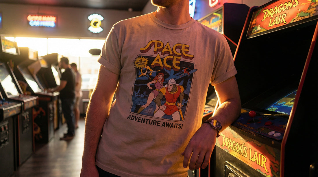 Retro 80s Space Ace Arcade T-Shirt - Don Bluth Dragon's Lair Video Game Tee - Lifestyle image