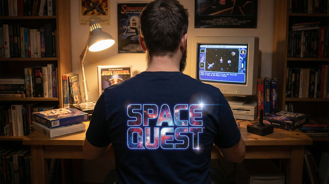 Space Quest Cosmic Typography Tee — Classic Sierra Adventure Game Shirt - Lifestyle image