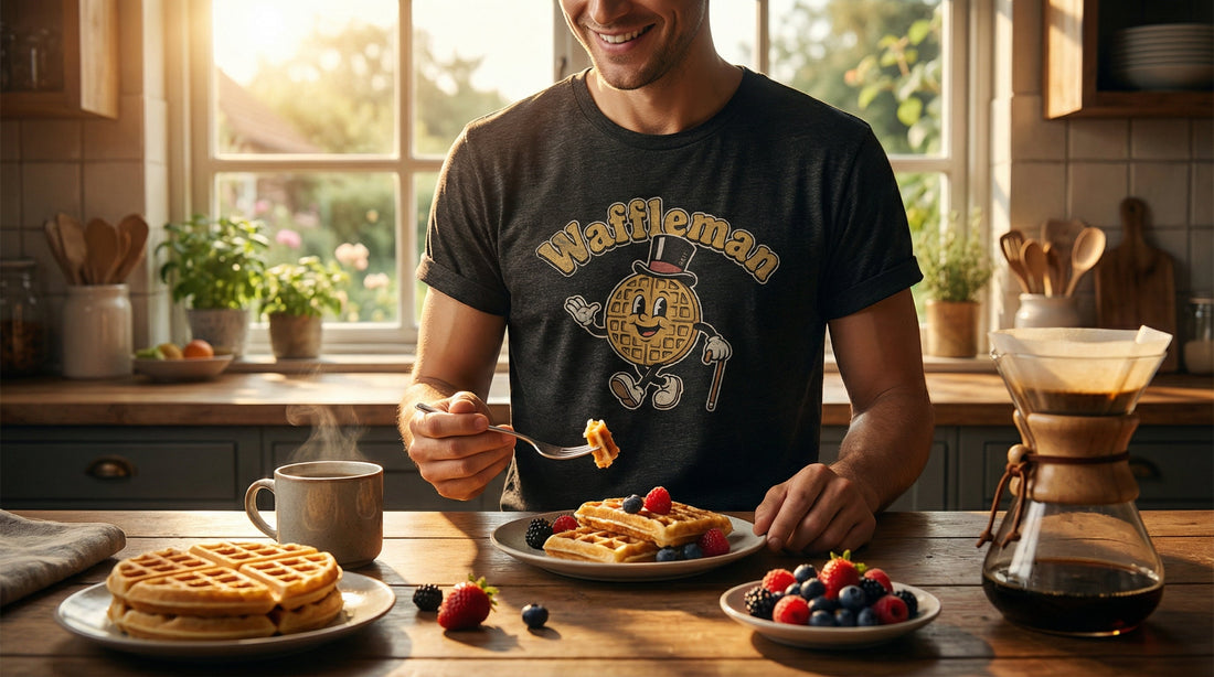 Waffleman — Vintage Waffle Cartoon Tee for Breakfast Lovers - Lifestyle image
