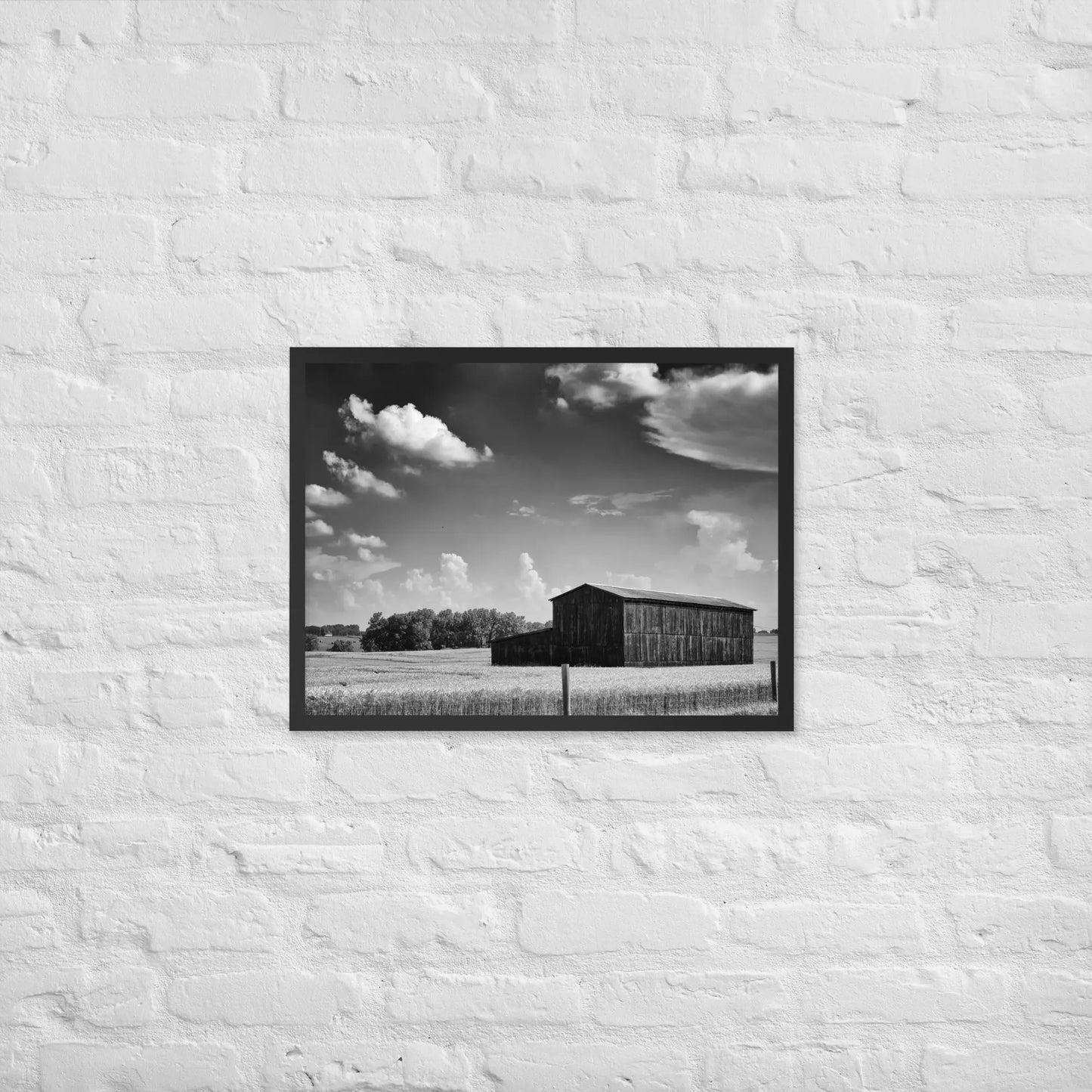 Black and White Country Barn - Framed poster by Retro Splendor Tags: barn, black and white, countryside, farm, framed, photograph, picture, Printful, vintage RetroSplendor Apparel