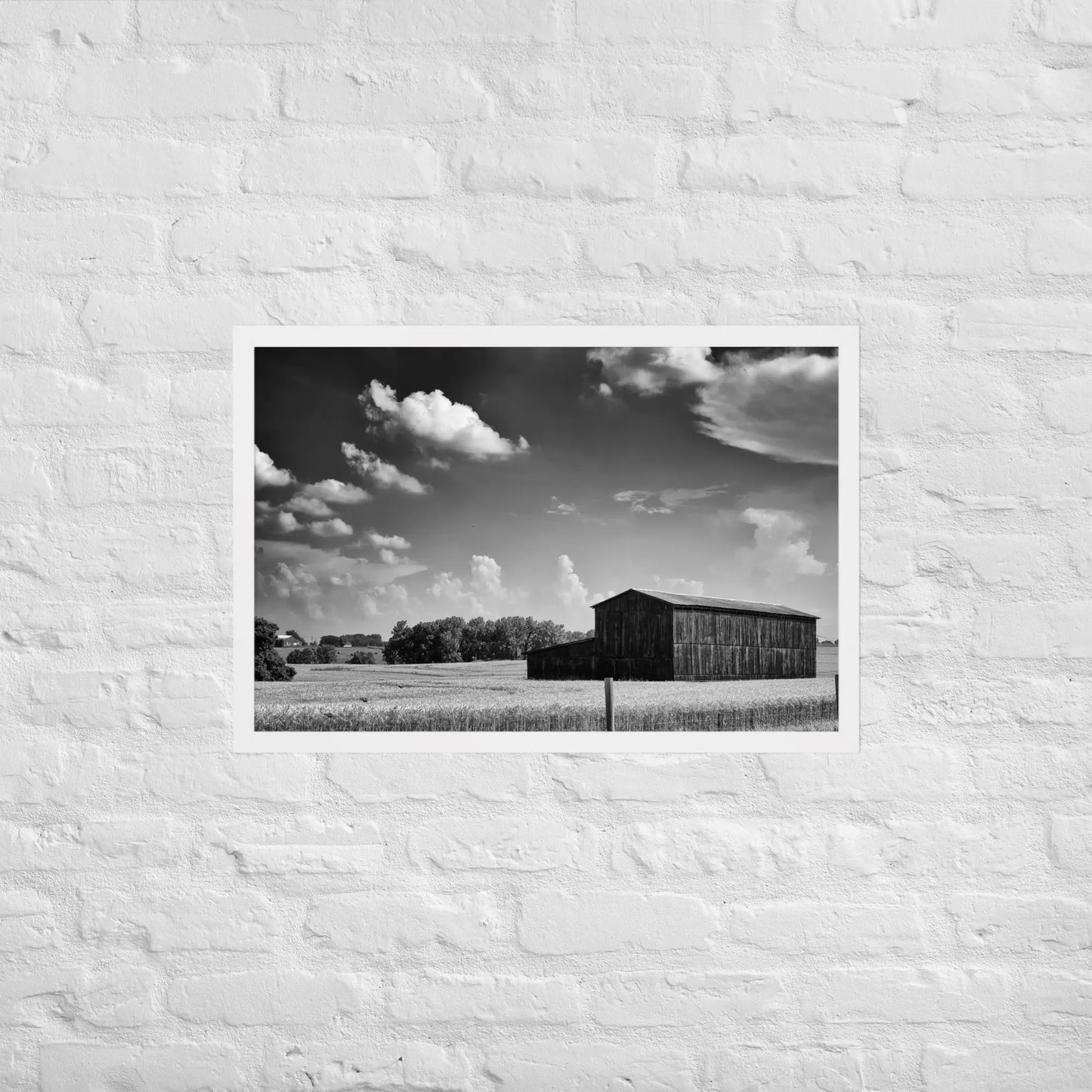 Black and White Country Barn - Framed poster by Retro Splendor Tags: barn, black and white, countryside, farm, framed, photograph, picture, Printful, vintage RetroSplendor Apparel