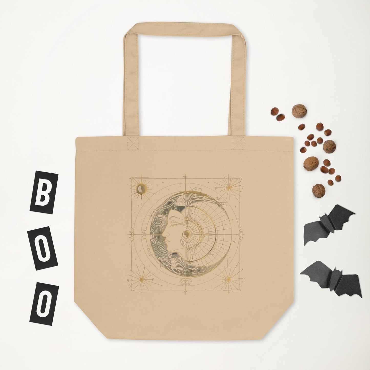 Sacred Geometry Sun & Moon Tote Bag – Eco Friendly Organic Cotton Reusable Bag, Celestial Astrology Spiritual Minimalist Shopper