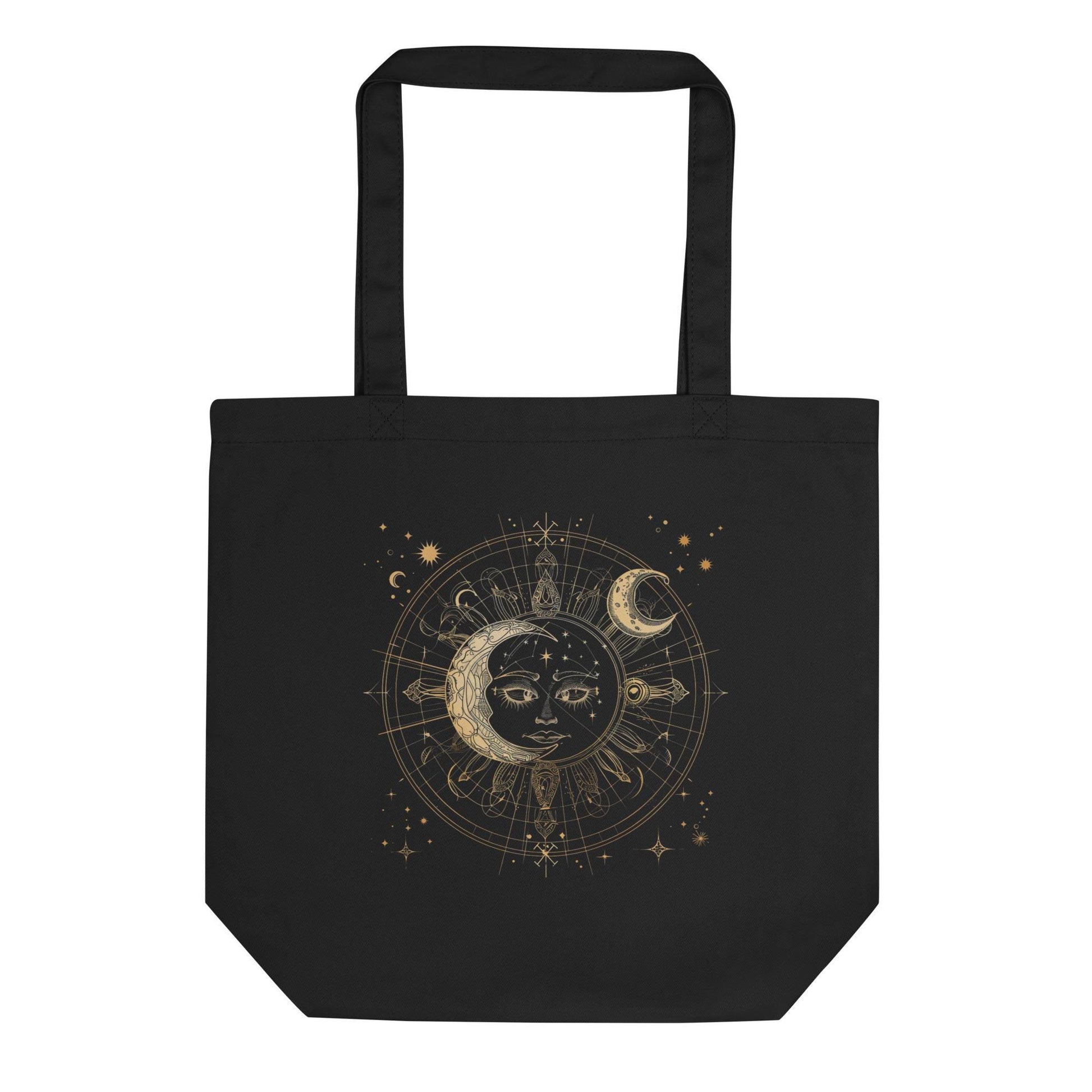 Sun & Moon Sacred Geometry Tote Bag – Eco Friendly Reusable Organic Cotton Celestial Shopper, Astrology Spiritual Boho Bag