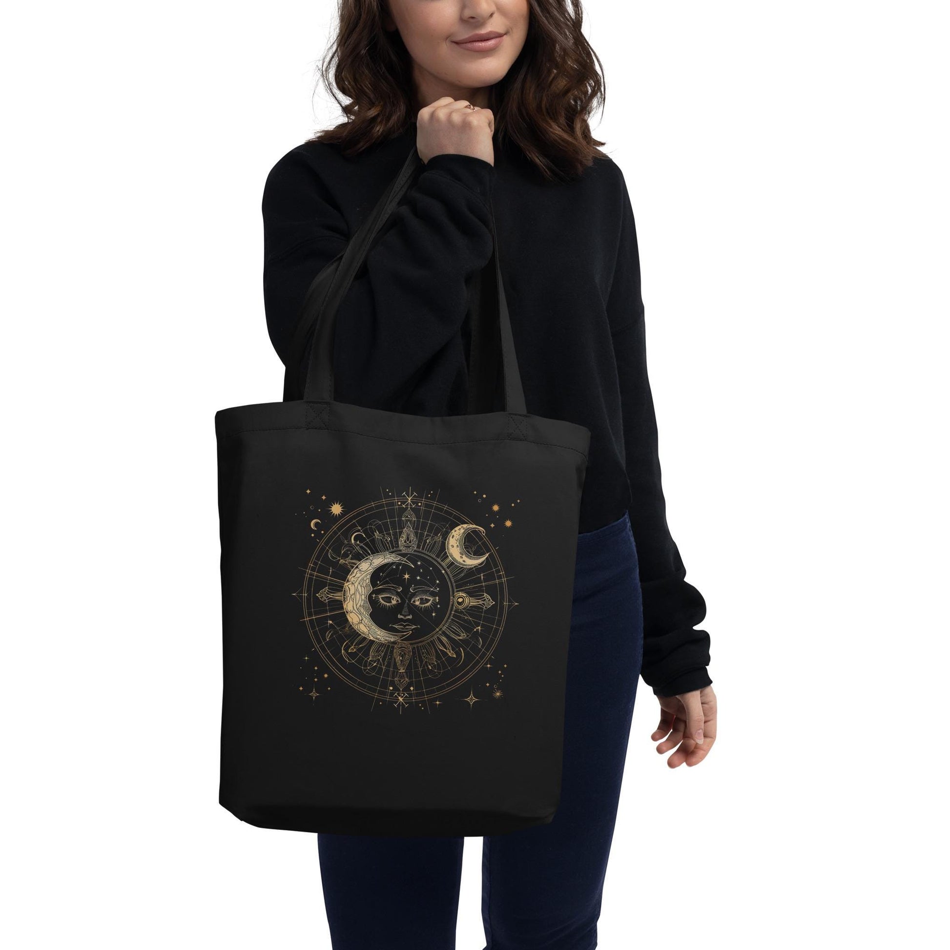 Sun & Moon Sacred Geometry Tote Bag – Eco Friendly Reusable Organic Cotton Celestial Shopper, Astrology Spiritual Boho Bag