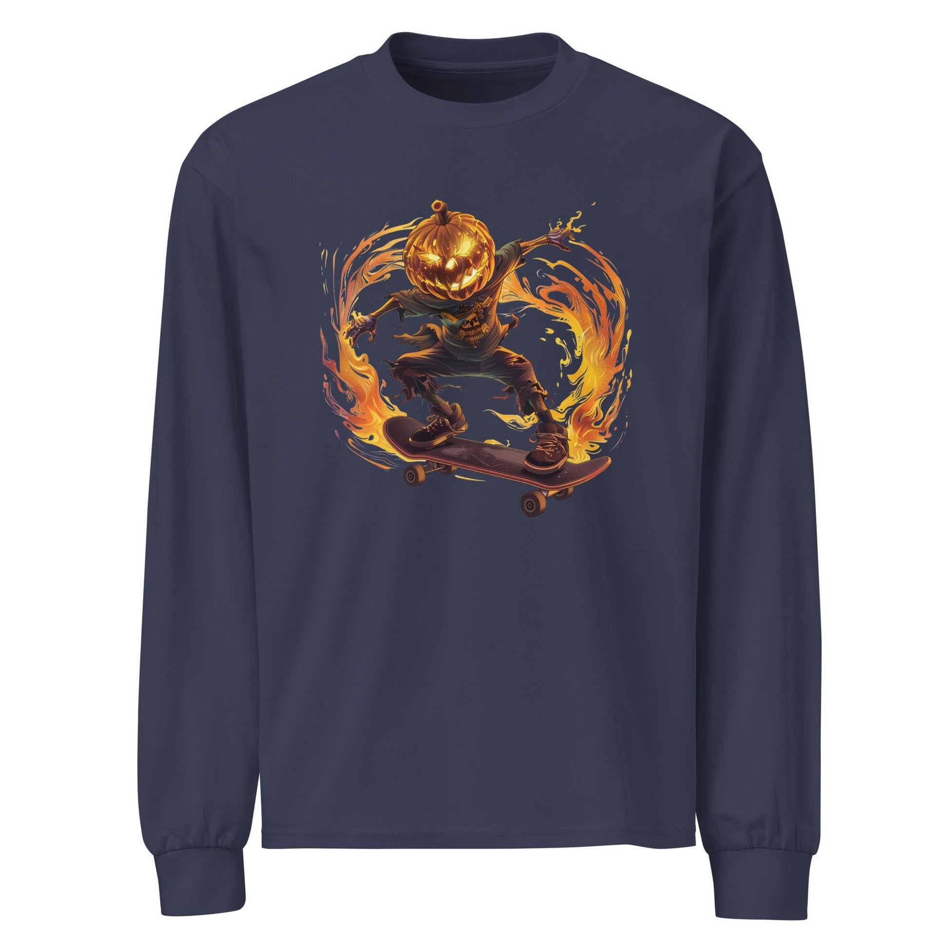 Flaming Pumpkin Head Skater - Premium heavyweight long sleeve shirt