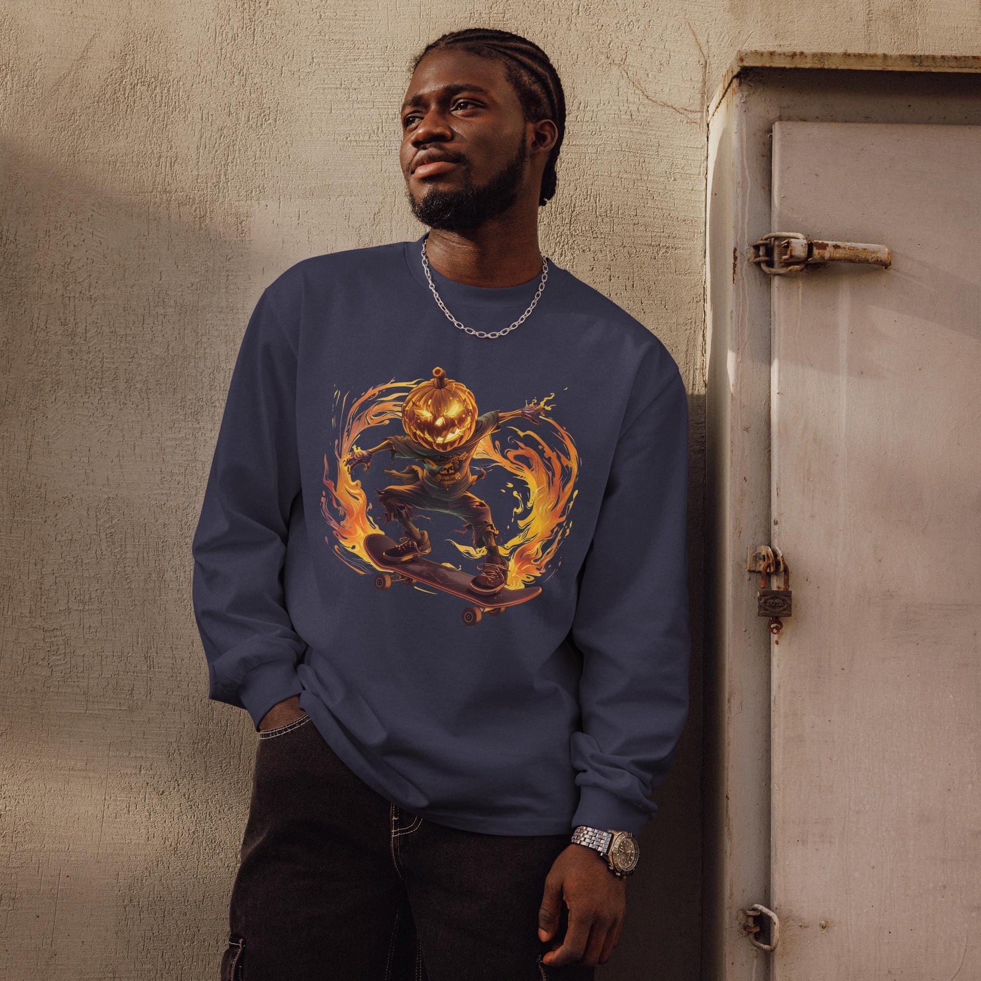 Flaming Pumpkin Head Skater - Premium heavyweight long sleeve shirt