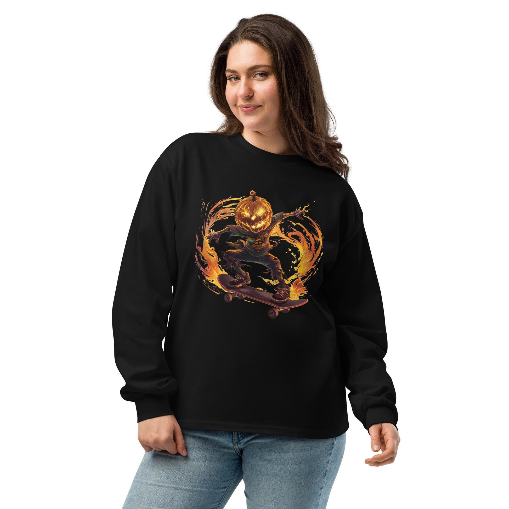 Flaming Pumpkin Head Skater - Premium heavyweight long sleeve shirt