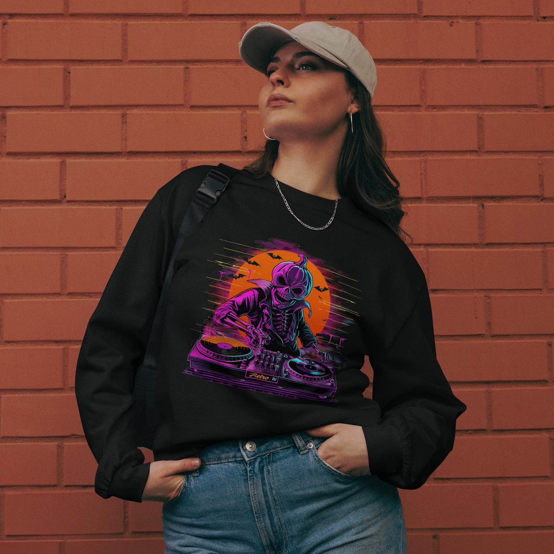 Pumpkin Head Neon Retro DJ - Premium heavyweight long sleeve shirt
