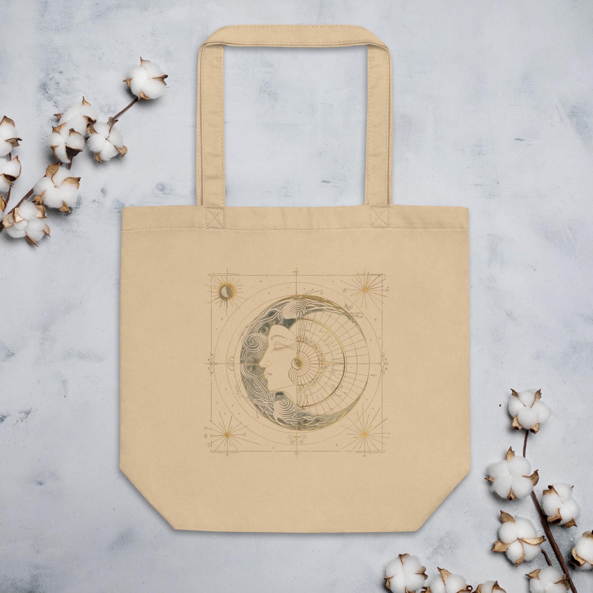 Sacred Geometry Sun & Moon Tote Bag – Eco Friendly Organic Cotton Reusable Bag, Celestial Astrology Spiritual Minimalist Shopper
