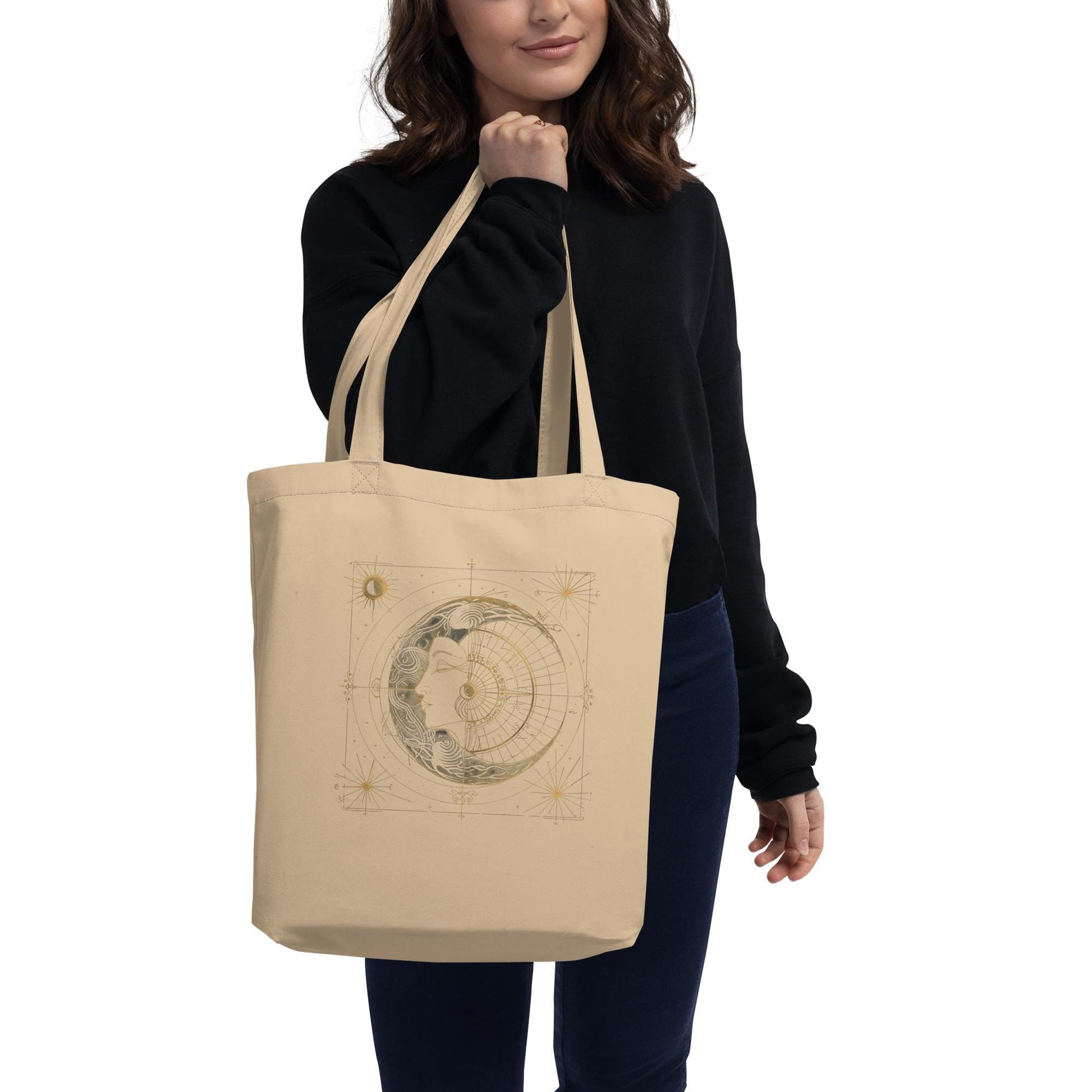 Sacred Geometry Sun & Moon Tote Bag – Eco Friendly Organic Cotton Reusable Bag, Celestial Astrology Spiritual Minimalist Shopper