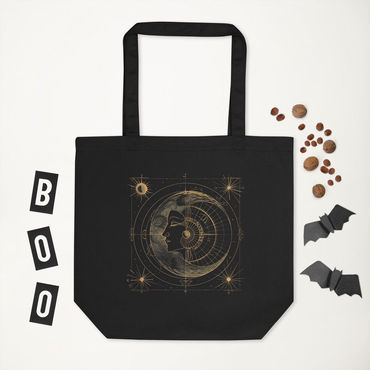 Sacred Geometry Sun & Moon Tote Bag – Eco Friendly Organic Cotton Reusable Bag, Celestial Astrology Spiritual Minimalist Shopper