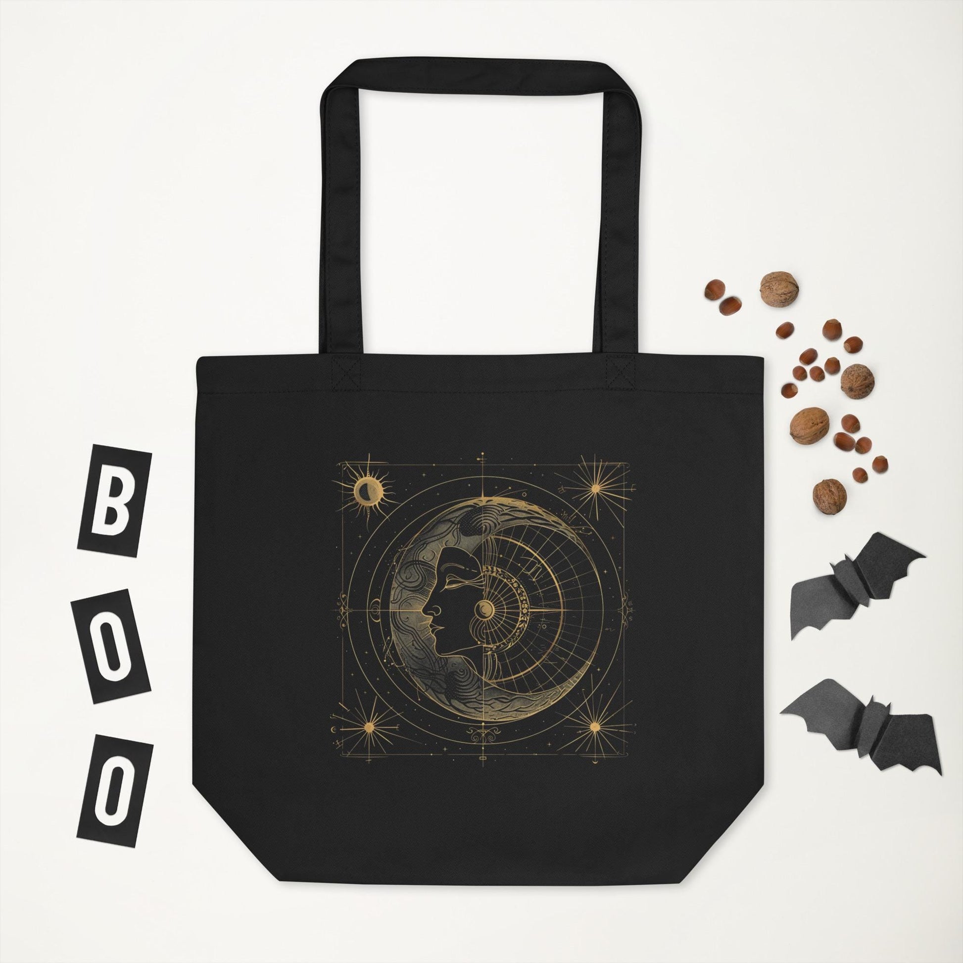 Sacred Geometry Sun & Moon Tote Bag – Eco Friendly Organic Cotton Reusable Bag, Celestial Astrology Spiritual Minimalist Shopper