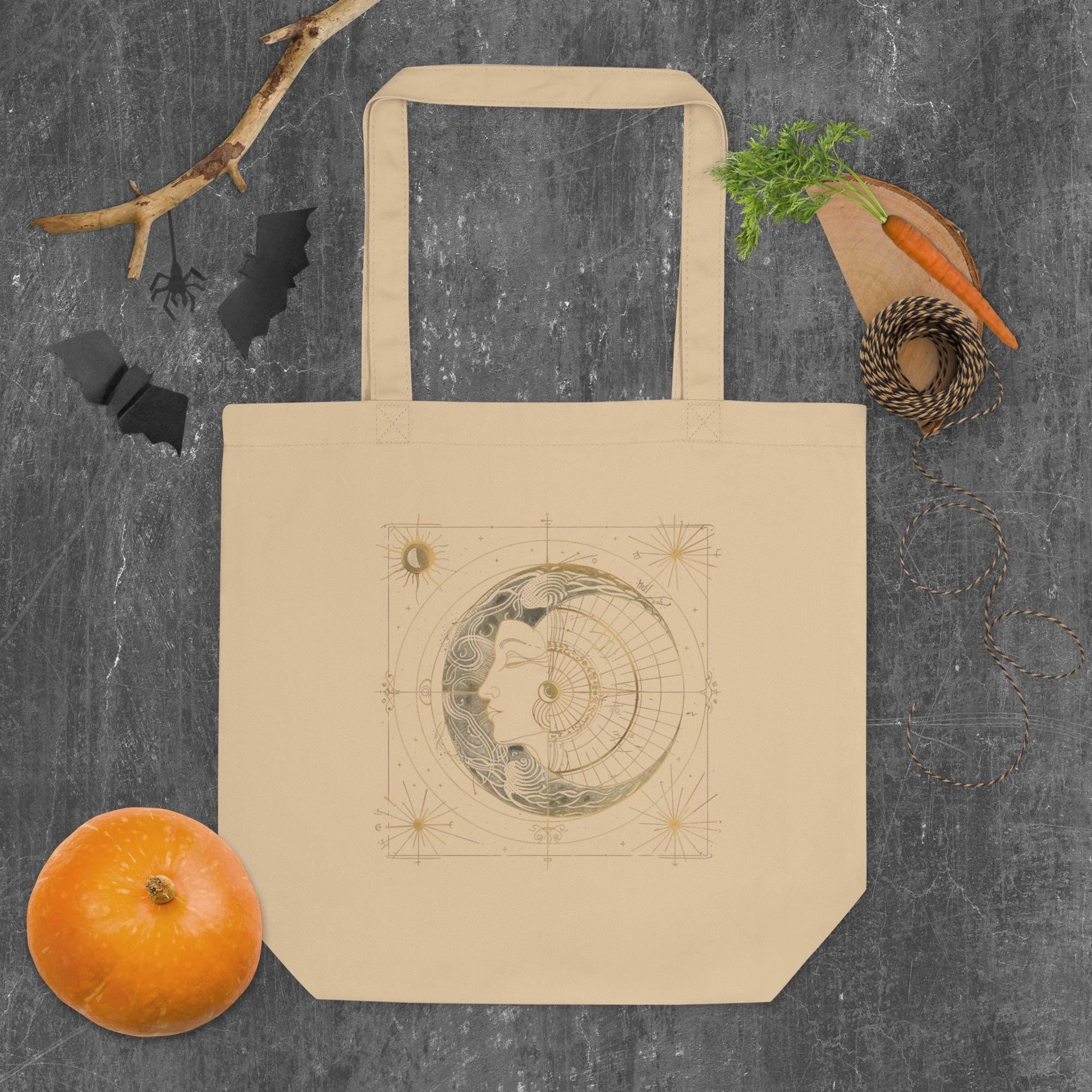 Sacred Geometry Sun & Moon Tote Bag – Eco Friendly Organic Cotton Reusable Bag, Celestial Astrology Spiritual Minimalist Shopper
