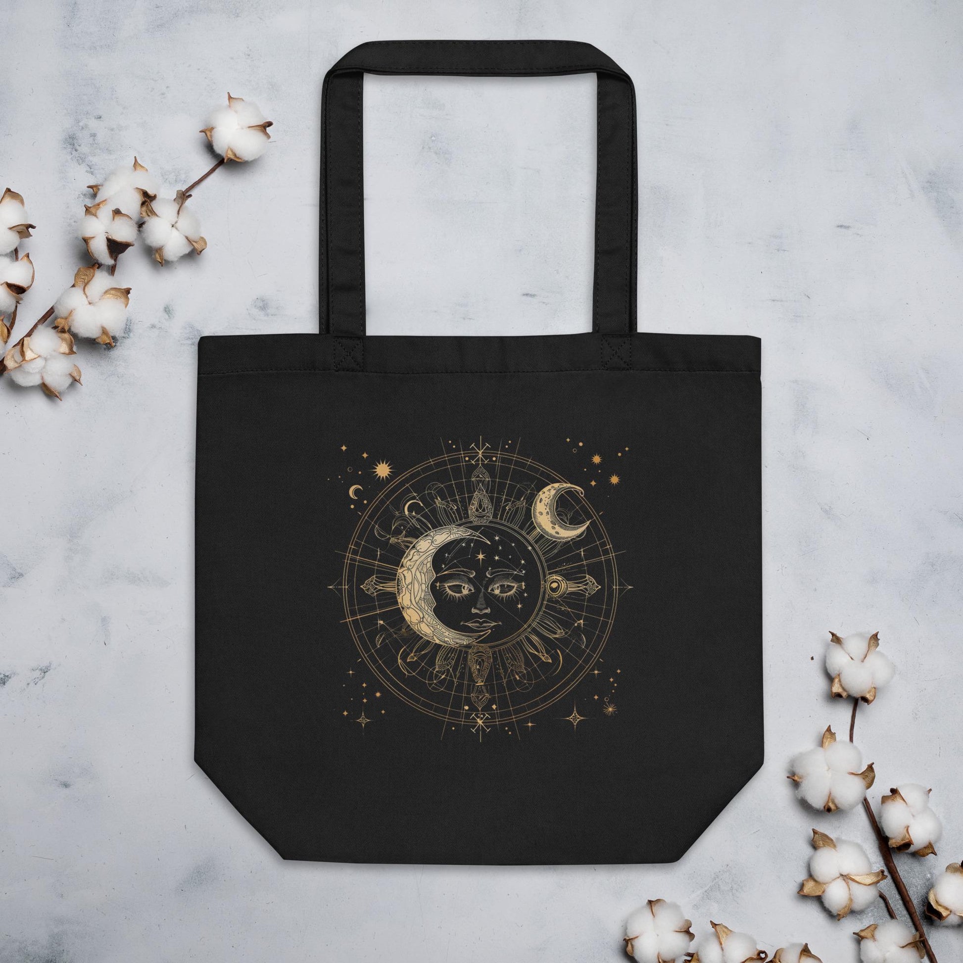 Sun & Moon Sacred Geometry Tote Bag – Eco Friendly Reusable Organic Cotton Celestial Shopper, Astrology Spiritual Boho Bag