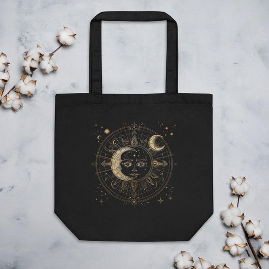 Sun & Moon Sacred Geometry Tote Bag – Eco Friendly Reusable Organic Cotton Celestial Shopper, Astrology Spiritual Boho Bag