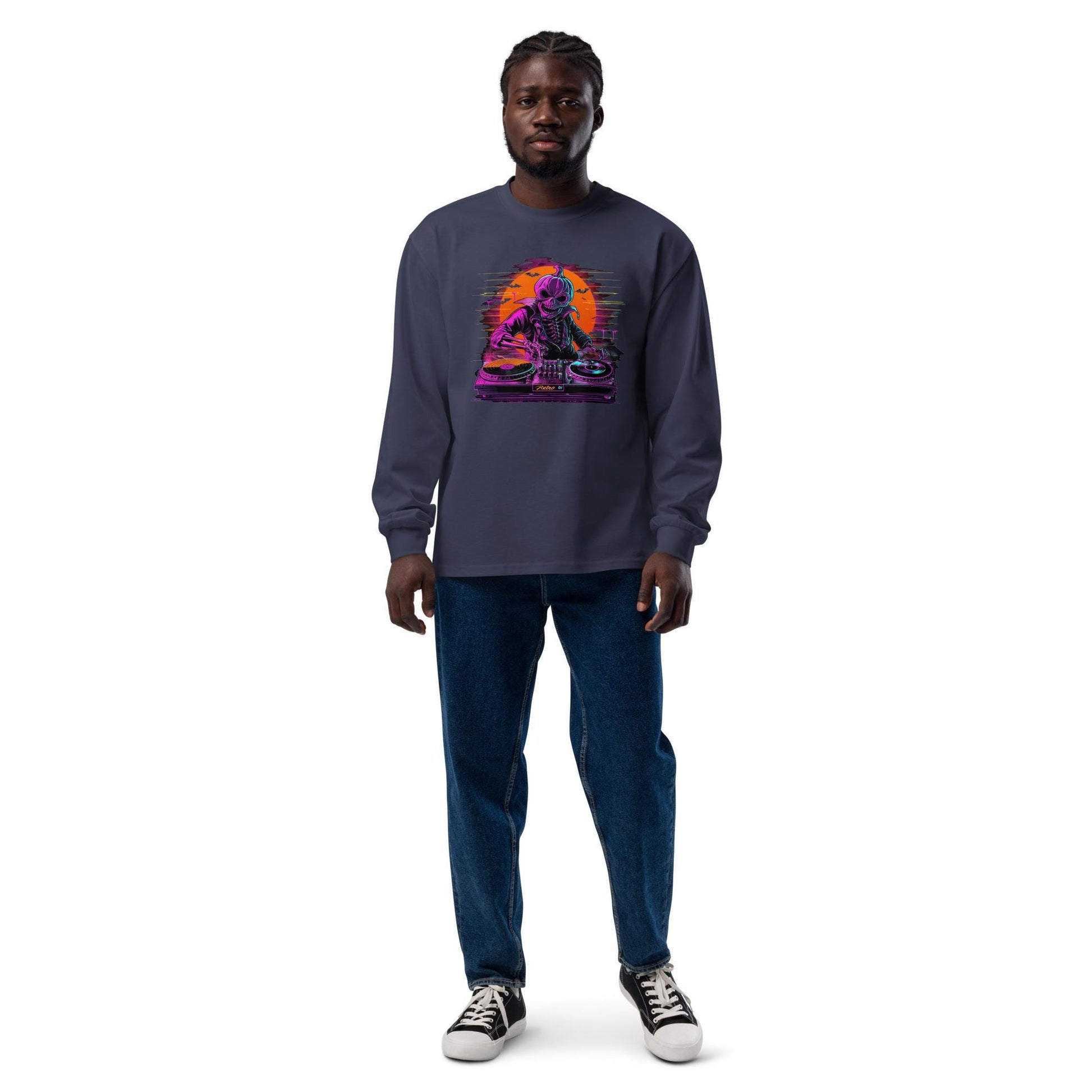 Pumpkin Head Neon Retro DJ - Premium heavyweight long sleeve shirt