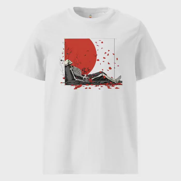 American Beauty Rose Petal Skeleton T-Shirt - Unisex Organic Ribbed Neck Tee, Floral Skull Graphic, Soft Eco-Friendly Top