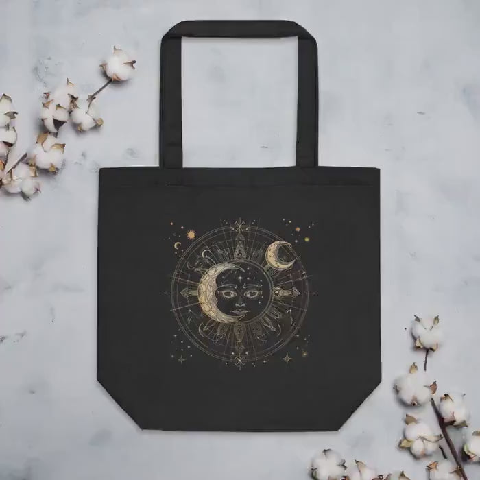 Sun & Moon Sacred Geometry Tote – Eco Friendly Reusable Organic Cotton Spiritual Astrology Boho Bag