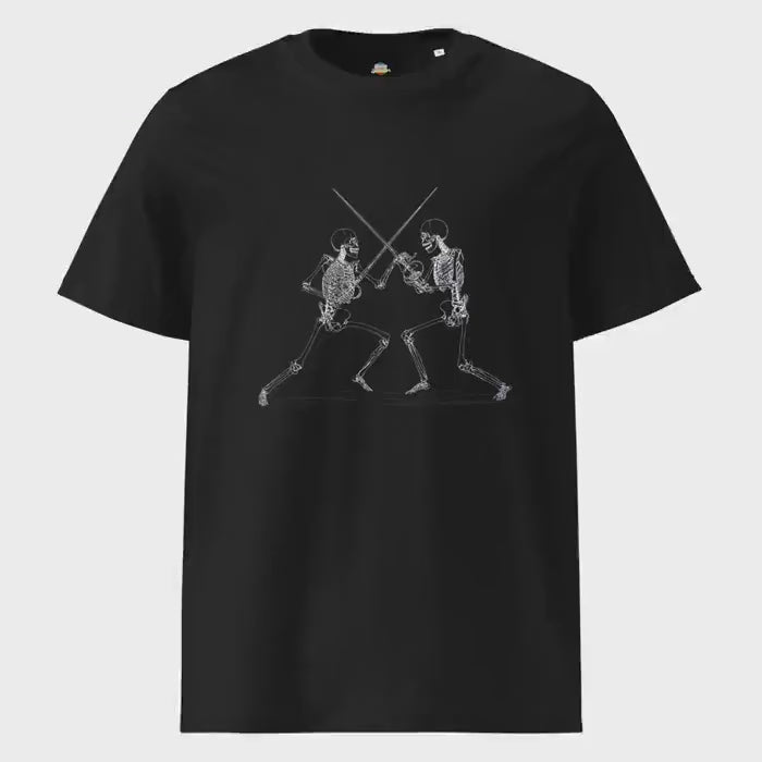 Skeleton Sword Duel T-Shirt, Unisex Organic Halloween Top, Dueling Skeletons Illustration, Spooky Festive Fashion, Halloween Party Tee