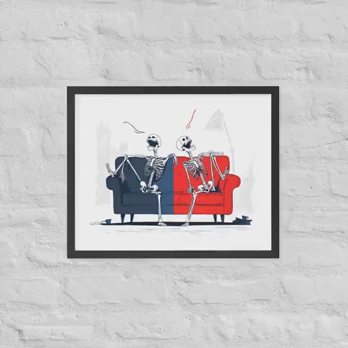 Laughing skeletons framed poster | spooky digital print | lighthearted decor | Halloween wall art | dorm room, back to school gift