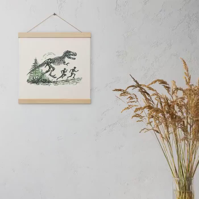 Skeleton dino poster with wooden hangers | Dinosaur artwork for dorm room, gallery wall