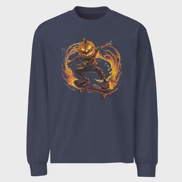 Flaming Pumpkin Head Skater - Heavyweight Organic Cotton Long Sleeve Shirt