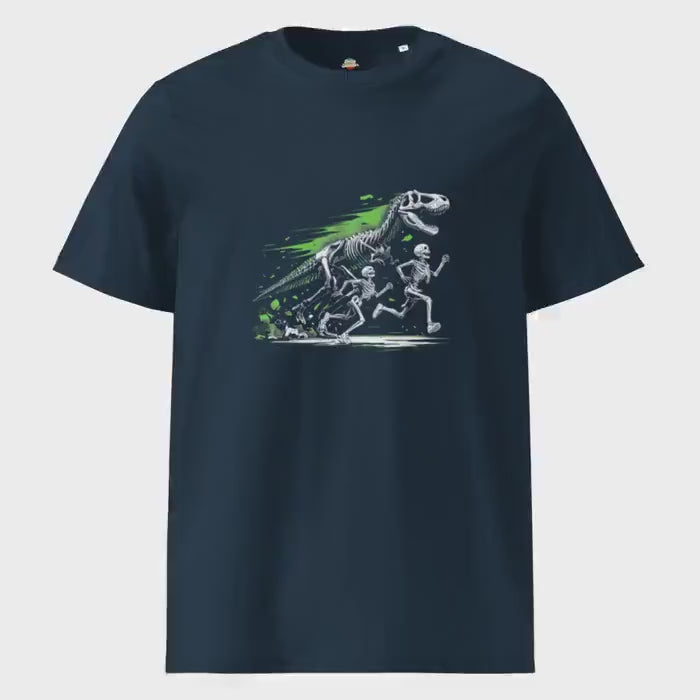 Jurassic Park Skeletons Tee, Unisex Organic Cotton Graphic T-Shirt, Halloween Fright Scary Illustration, GOTS Certified, Dinosaur Style