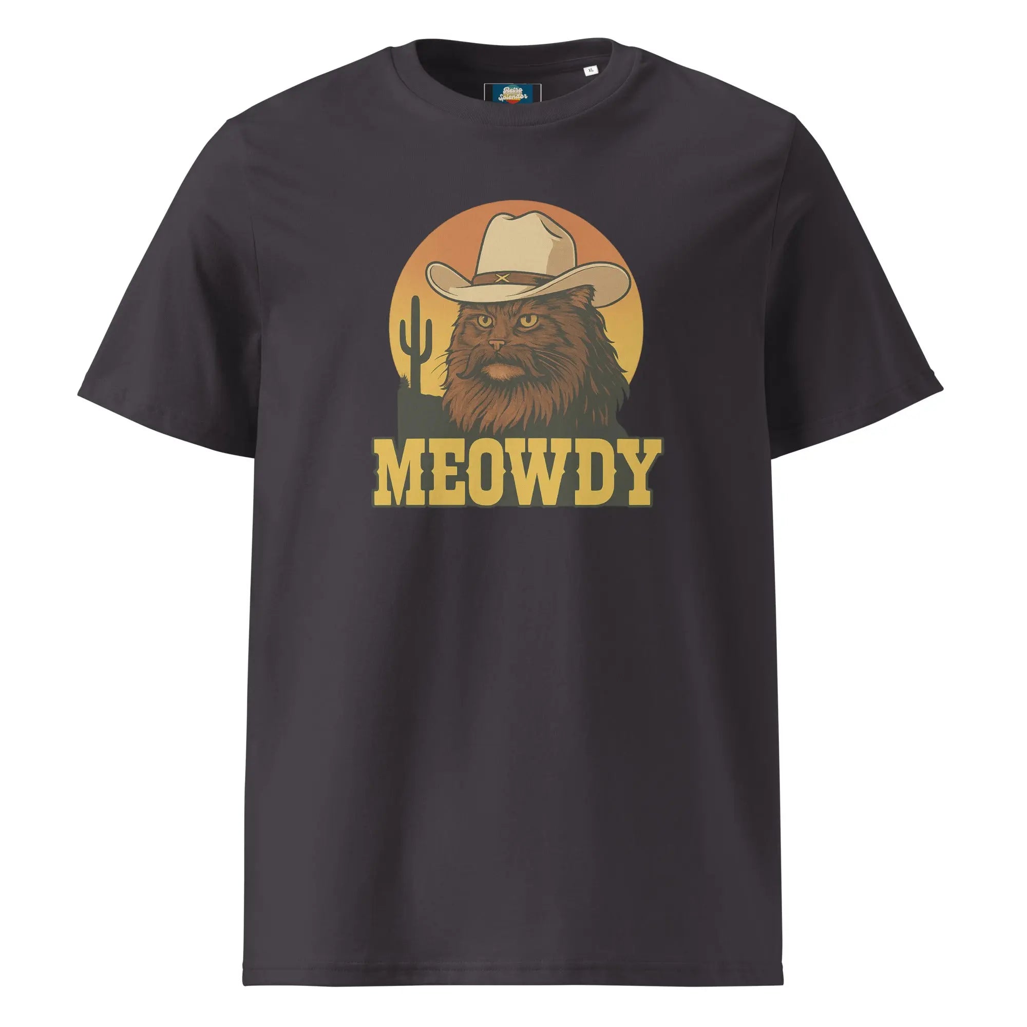 Meowdy - organic ribbed neck t-shirt by Stanley/Stella Tags: cat, cowboy, funny, graphic tee, humor, meowdy, organic cotton, original, Printful, retro, retrosplendor, shirt, t-shirt, vintage vibe RetroSplendor Apparel