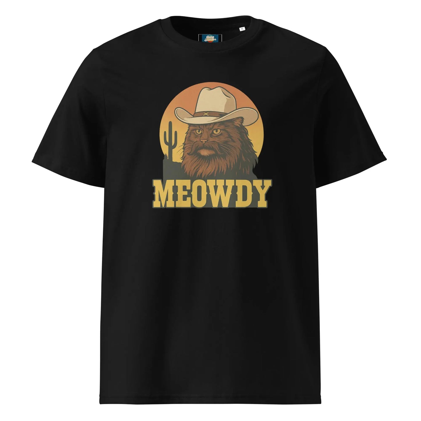 Meowdy - organic ribbed neck t-shirt by Stanley/Stella Tags: cat, cowboy, funny, graphic tee, humor, meowdy, organic cotton, original, Printful, retro, retrosplendor, shirt, t-shirt, vintage vibe RetroSplendor Apparel