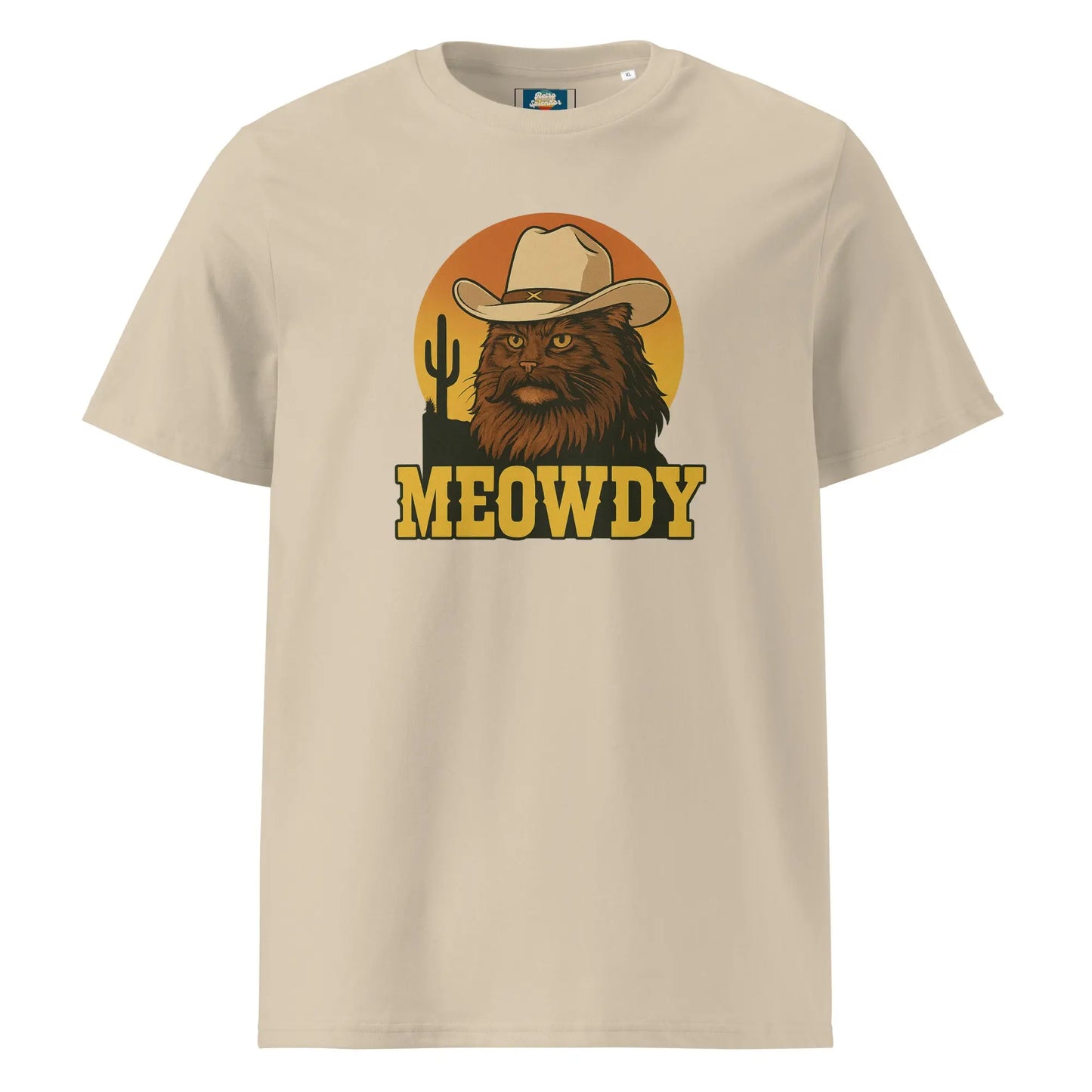 Meowdy - organic ribbed neck t-shirt by Stanley/Stella Tags: cat, cowboy, funny, graphic tee, humor, meowdy, organic cotton, original, Printful, retro, retrosplendor, shirt, t-shirt, vintage vibe RetroSplendor Apparel
