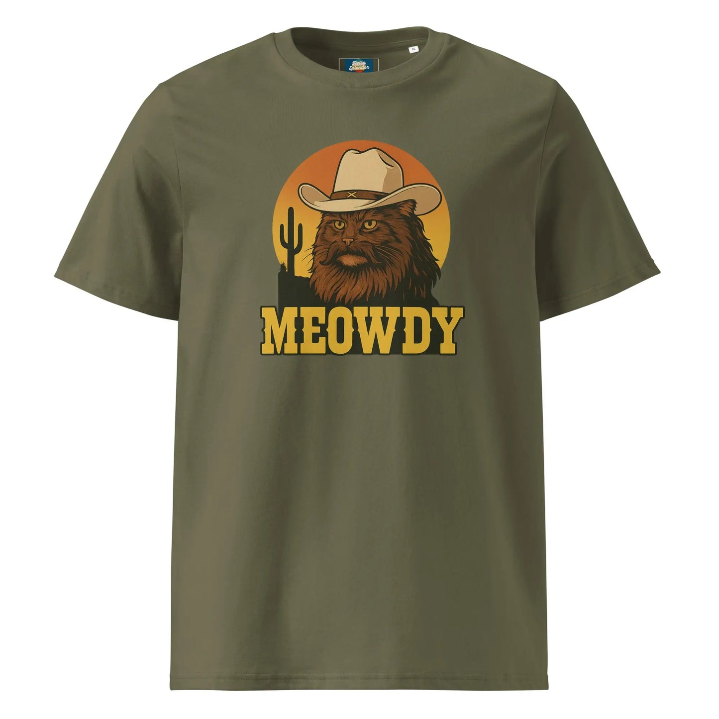 Meowdy - organic ribbed neck t-shirt by Stanley/Stella Tags: cat, cowboy, funny, graphic tee, humor, meowdy, organic cotton, original, Printful, retro, retrosplendor, shirt, t-shirt, vintage vibe RetroSplendor Apparel