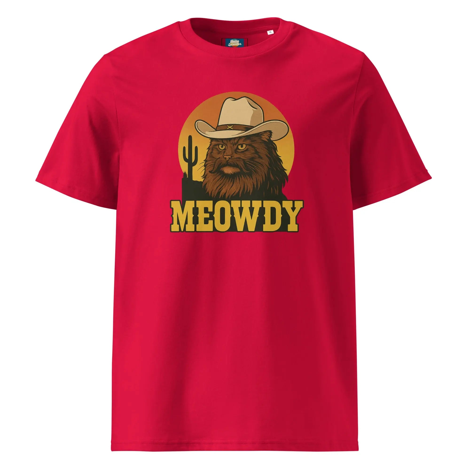 Meowdy - organic ribbed neck t-shirt by Stanley/Stella Tags: cat, cowboy, funny, graphic tee, humor, meowdy, organic cotton, original, Printful, retro, retrosplendor, shirt, t-shirt, vintage vibe RetroSplendor Apparel