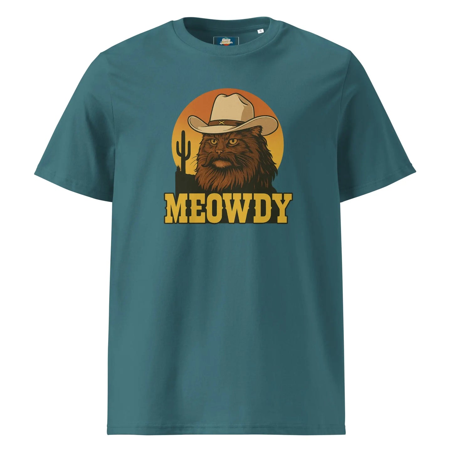 Meowdy - organic ribbed neck t-shirt by Stanley/Stella Tags: cat, cowboy, funny, graphic tee, humor, meowdy, organic cotton, original, Printful, retro, retrosplendor, shirt, t-shirt, vintage vibe RetroSplendor Apparel