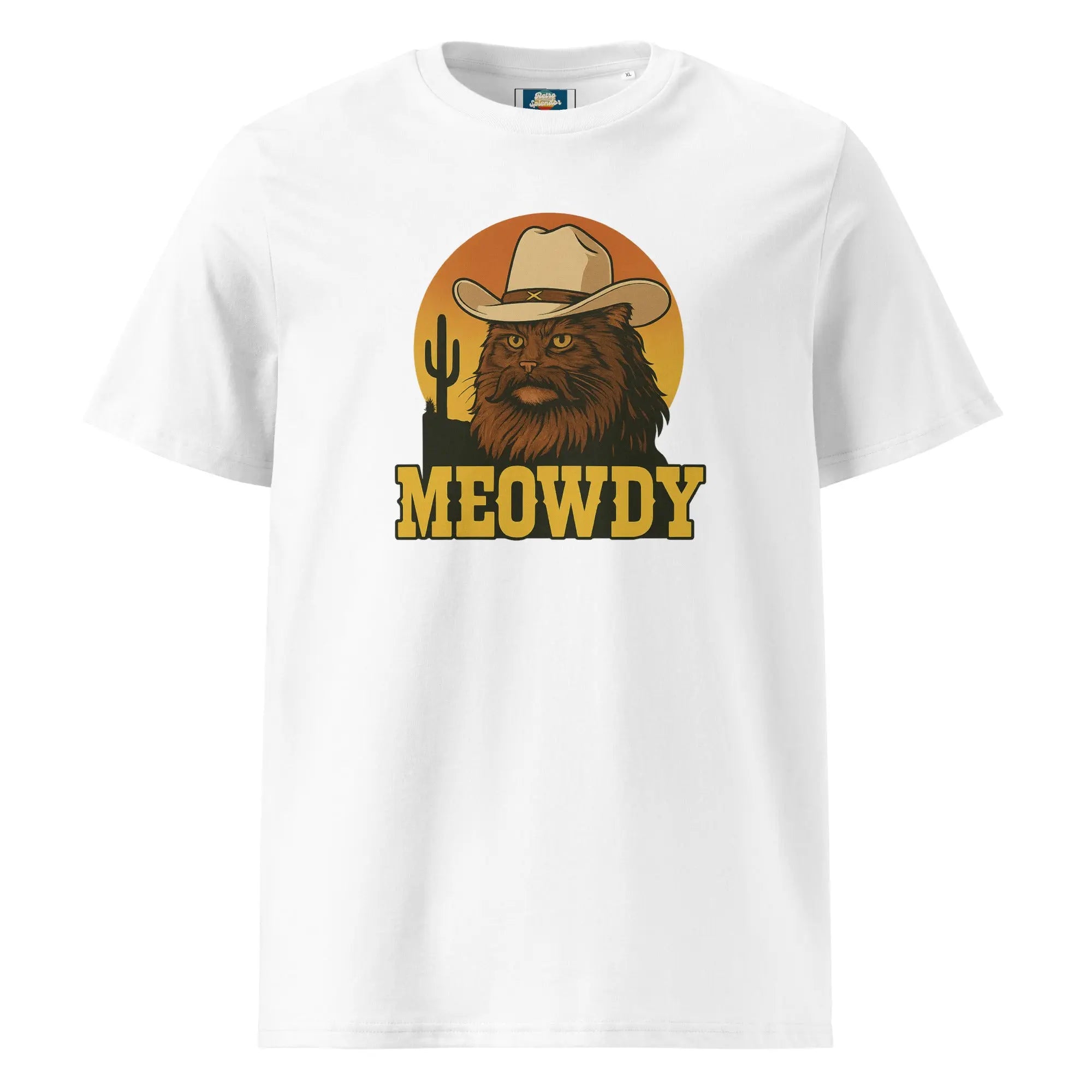 Meowdy - organic ribbed neck t-shirt by Stanley/Stella Tags: cat, cowboy, funny, graphic tee, humor, meowdy, organic cotton, original, Printful, retro, retrosplendor, shirt, t-shirt, vintage vibe RetroSplendor Apparel